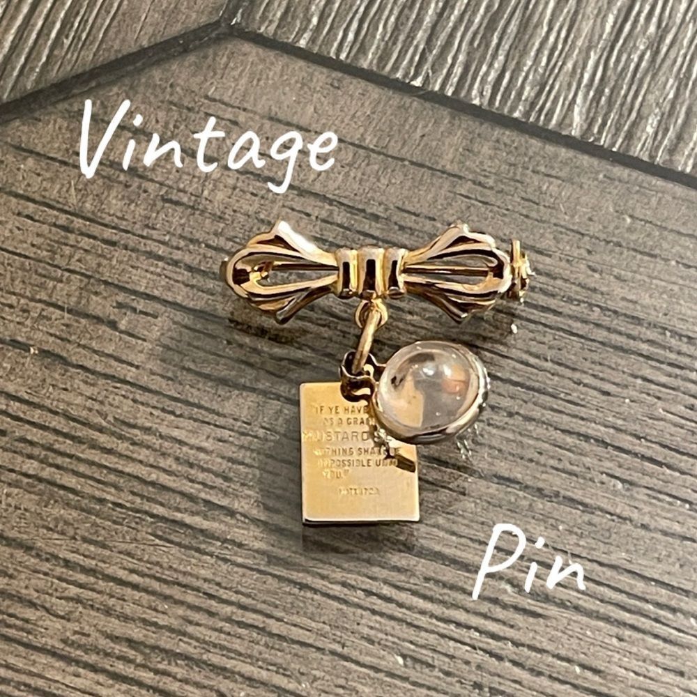 Vintage Gold-tone Bow & Mustard Seed Brooch with Inscription Mathew 17:20